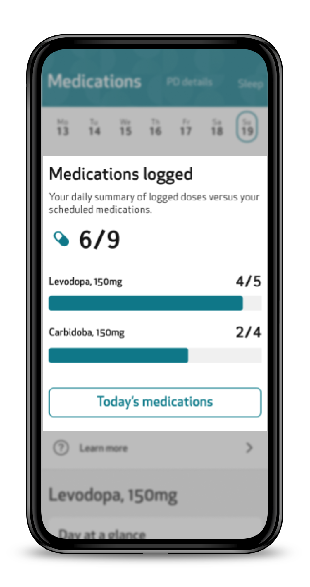 Medications logged card with the total of logged doses and one progress bar per medication