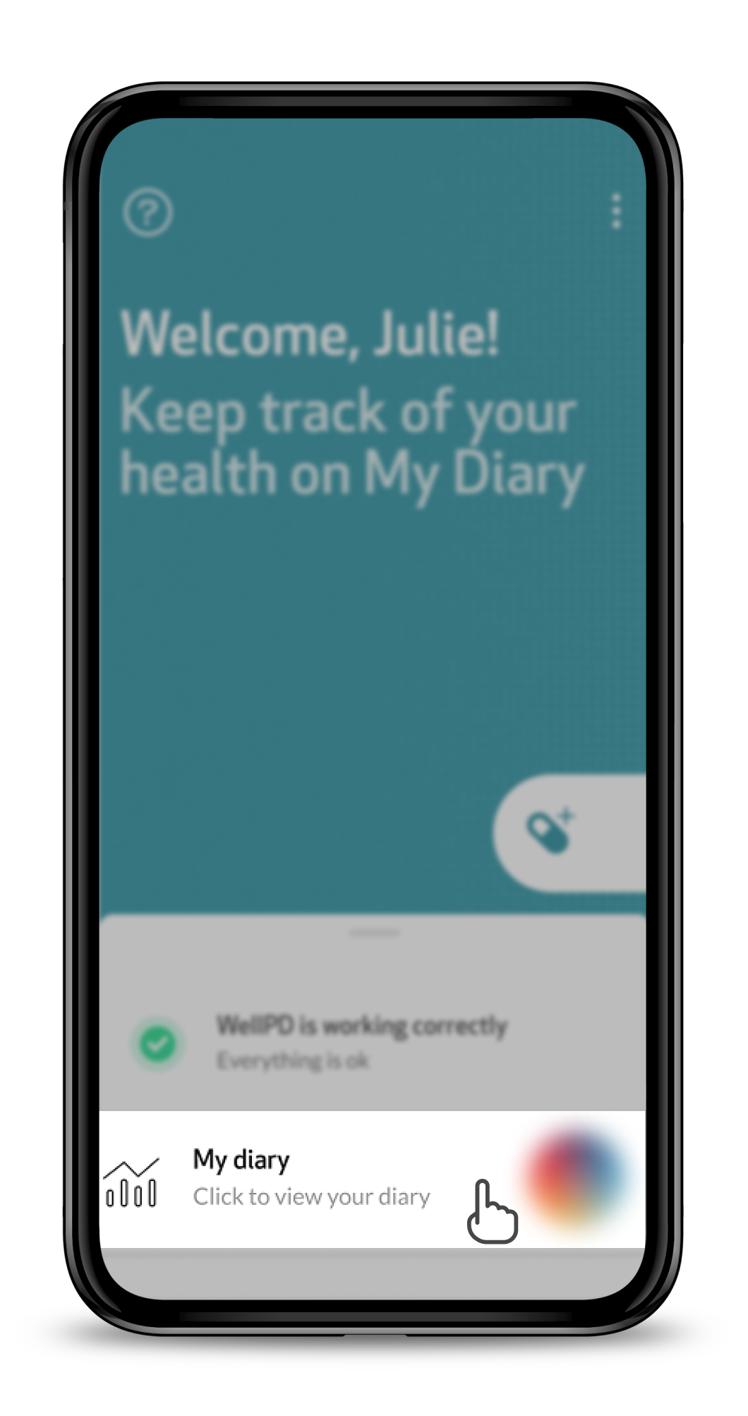 WellPD App home screen with My diary highlighted