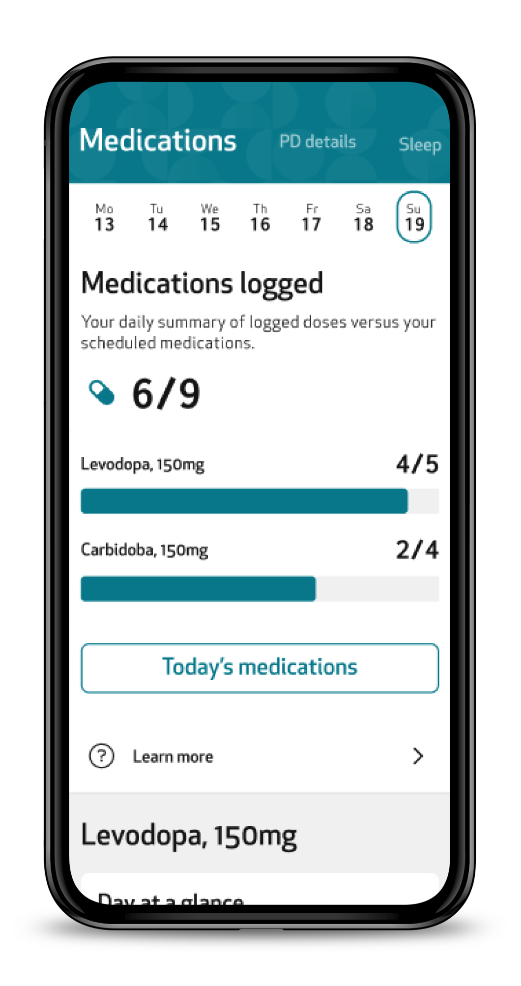 Medications page, top: day selector, Medications logged count and a progress bar for each medication