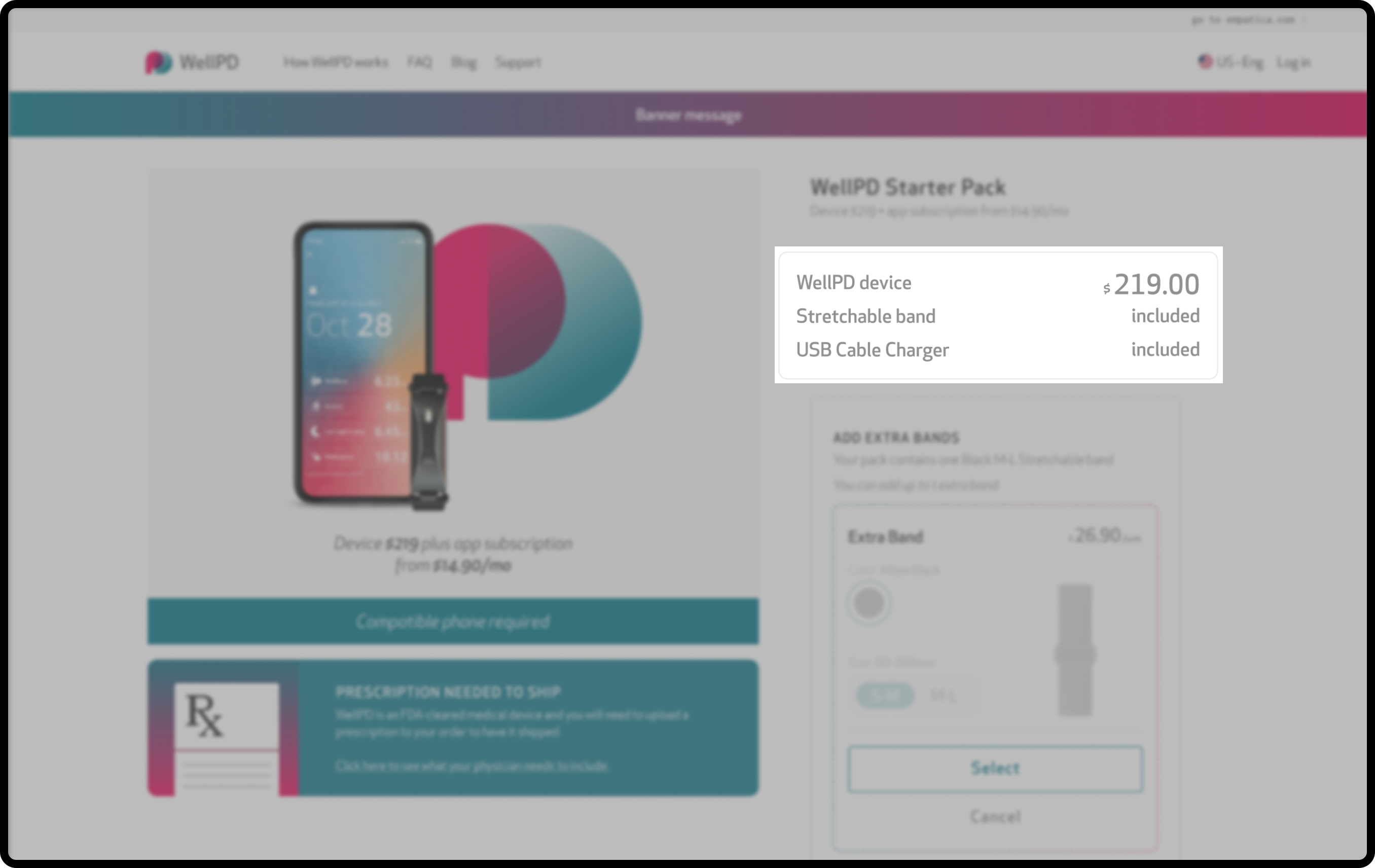 WellPD Starter Pack in the Online Store, listing the WellPD device, Stretchable band and USB Cable Charger, with the Add extra bands section