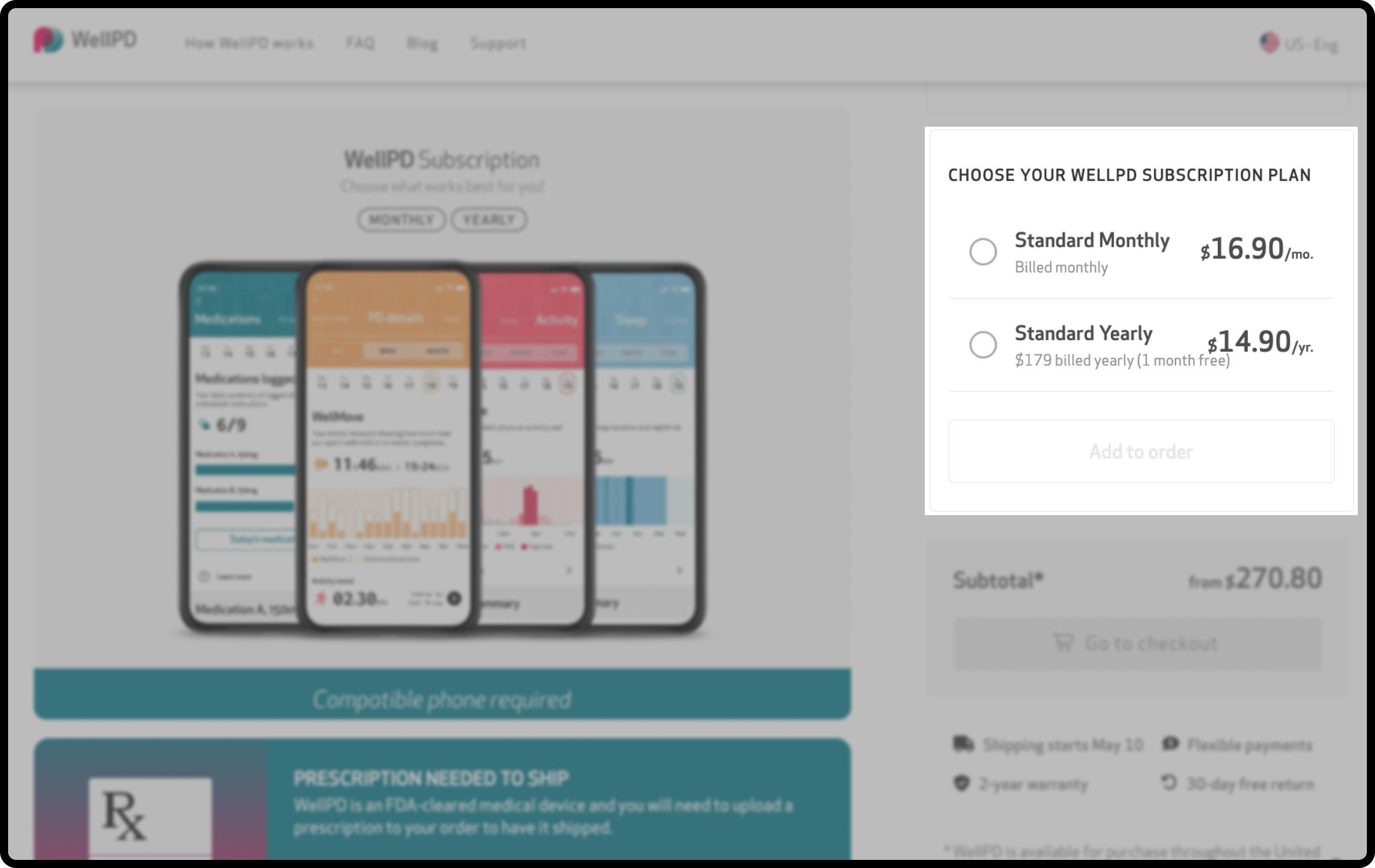 Choose your WellPD subscription plan with the Standard Monthly and Standard Yearly options and the Add to order button