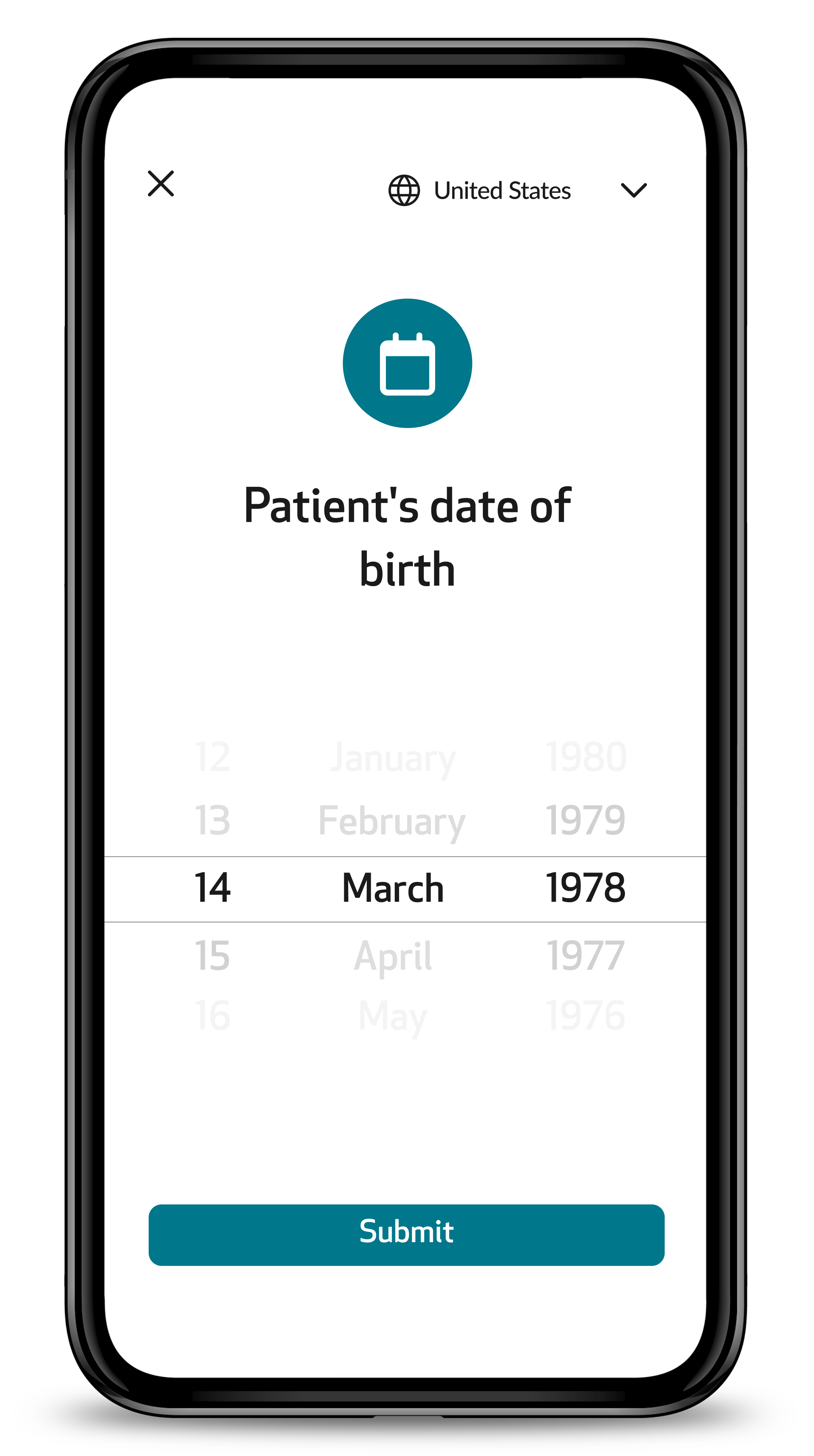 Date of birth screen with day, month and year selectors and the Submit button