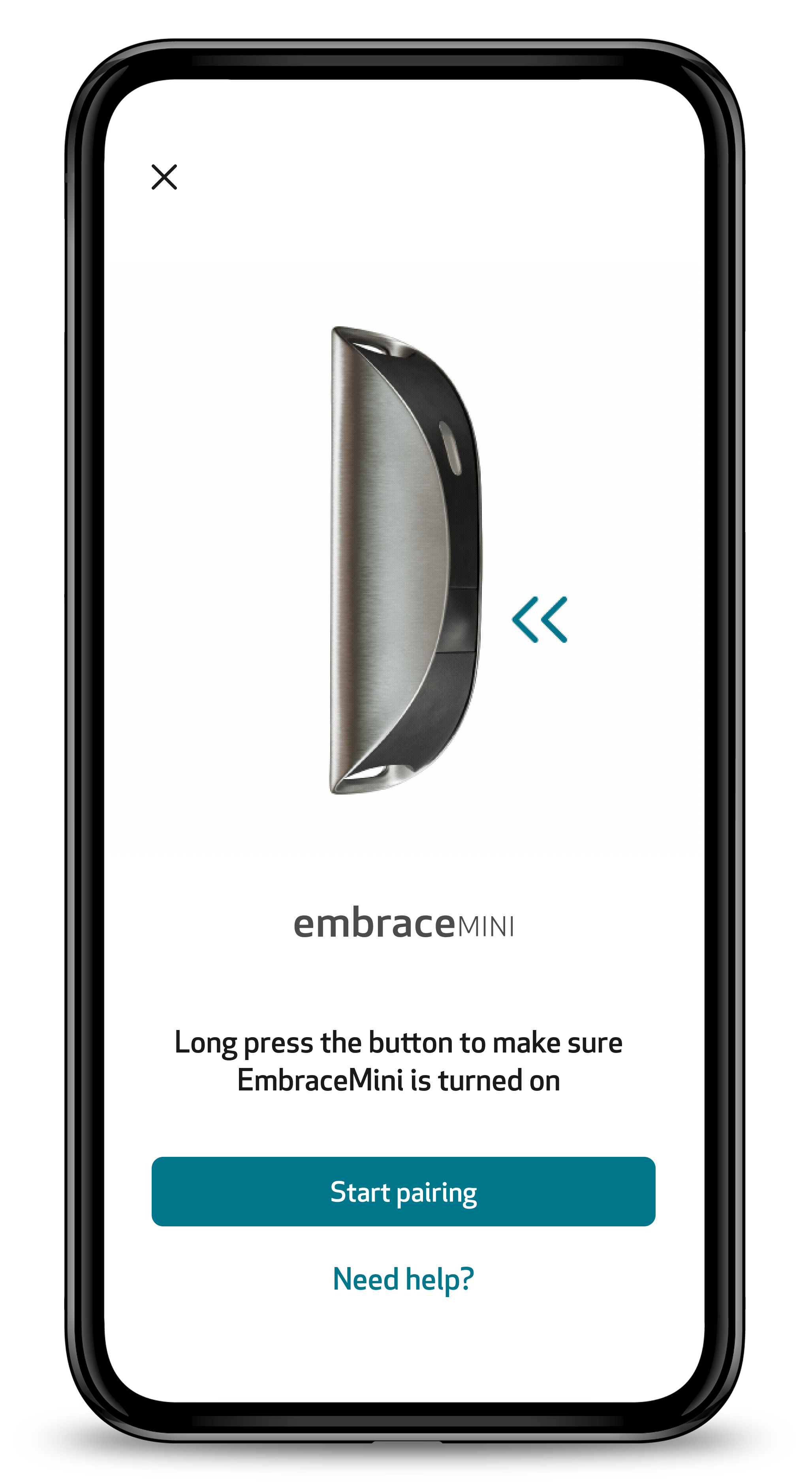 Pairing screen asking to long press the wearable's button, with the Start pairing button