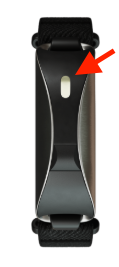 The WellPD wearable, with an arrow pointing to its LED