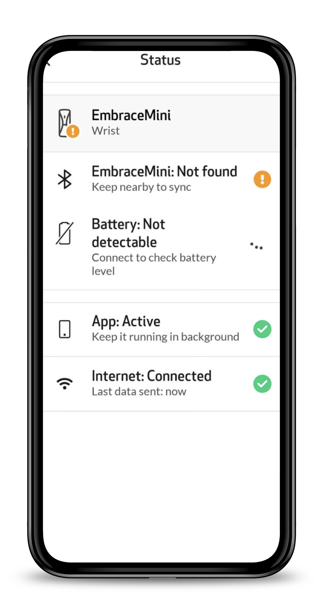 Status screen showing Battery: Not detectable