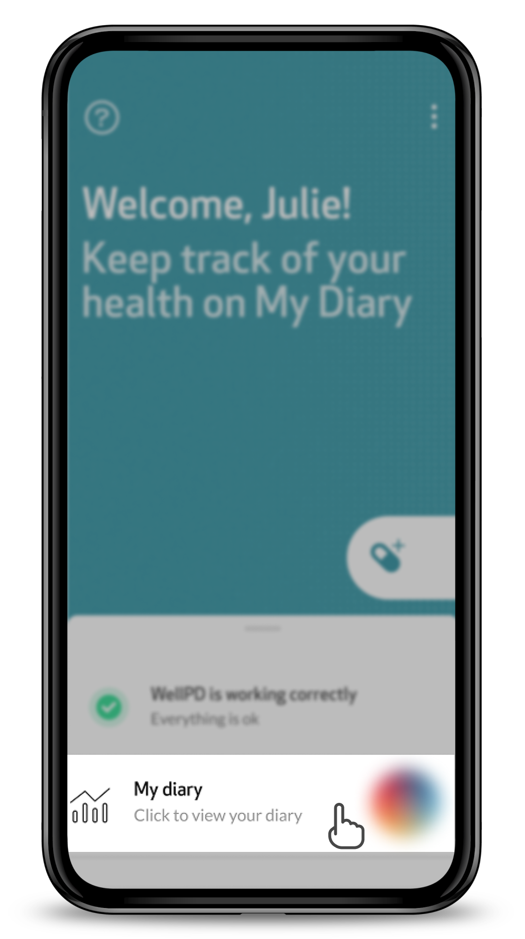 WellPD App home screen with My diary highlighted