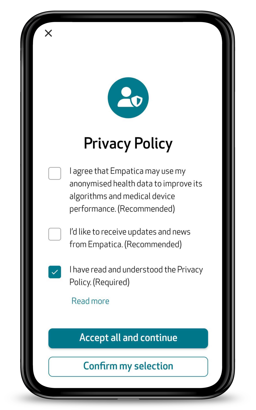 Privacy Policy screen with three consent checkboxes and the Accept all and continue and Confirm my selection buttons